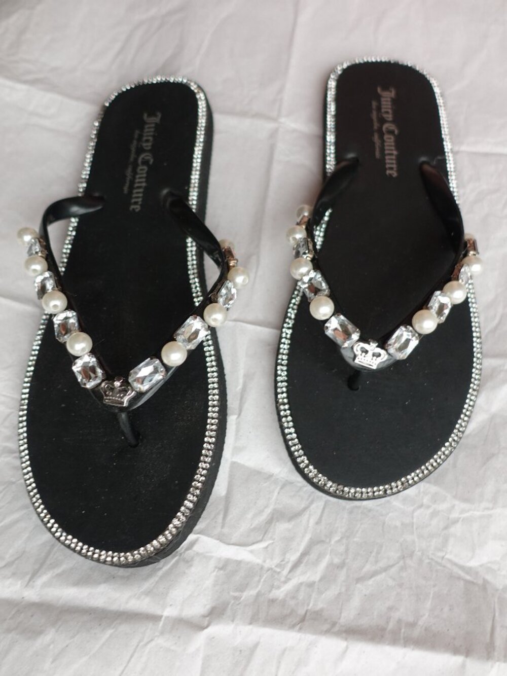 Juicy Couture Black Pearl & Crystal Embellished Flip Flop Sandals